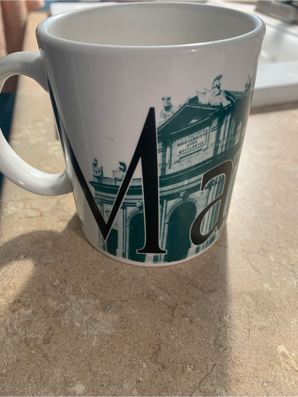 Starbucks City Mug Madrid collector series Mug 2002. White and green ceramic.